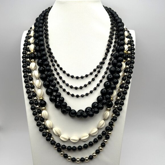 Vintage Black White Gold Beaded Necklace Lot 6 Wear Resell Craft - Picture 1 of 10